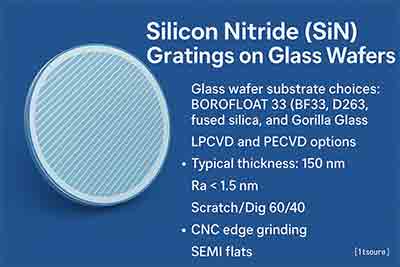 Silicon Nitride Gratings on Glass Wafers – BF33, D263, Fused Silica, Gorilla Glass Silicon Nitride (SiN) gratings on glass wafers including BF33, D263, fused silica, and Gorilla Glass with LPCVD and PECVD deposition options, 150 nm films, low roughness, and SEMI flat specifications