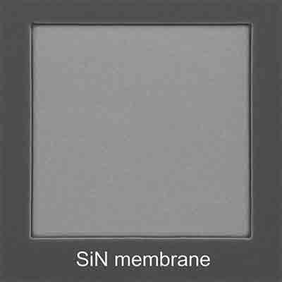 Silicon Nitride (SiN) Membrane on Silicon Frame Silicon nitride (SiN) membrane suspended in a silicon frame, showing thin window structure for research applications