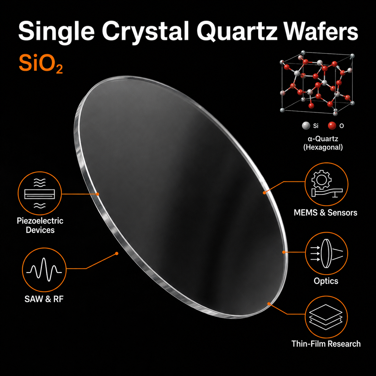 Single crystal quartz wafer infographic showing transparent crystalline quartz for piezoelectric, SAW, RF, MEMS, sensor and optical research