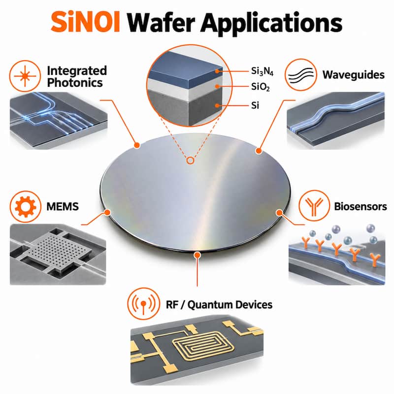 Silicon Nitride on Insulator SiNOI wafer applications including integrated photonics, optical waveguides, MEMS, biosensors, RF and quantum devices