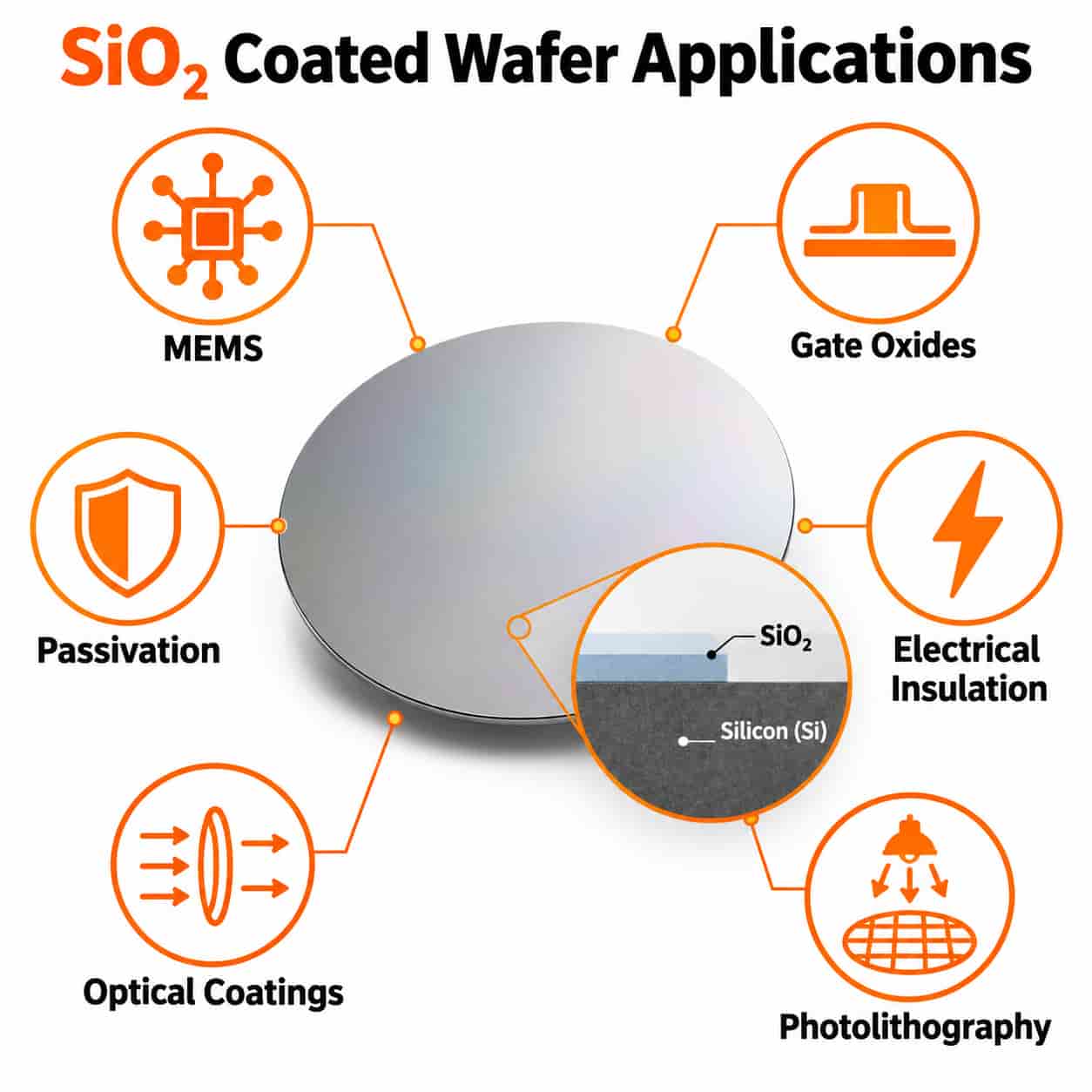 SiO2 coated silicon wafer applications including MEMS, gate oxides, passivation, electrical insulation, optical coatings, and photolithography
