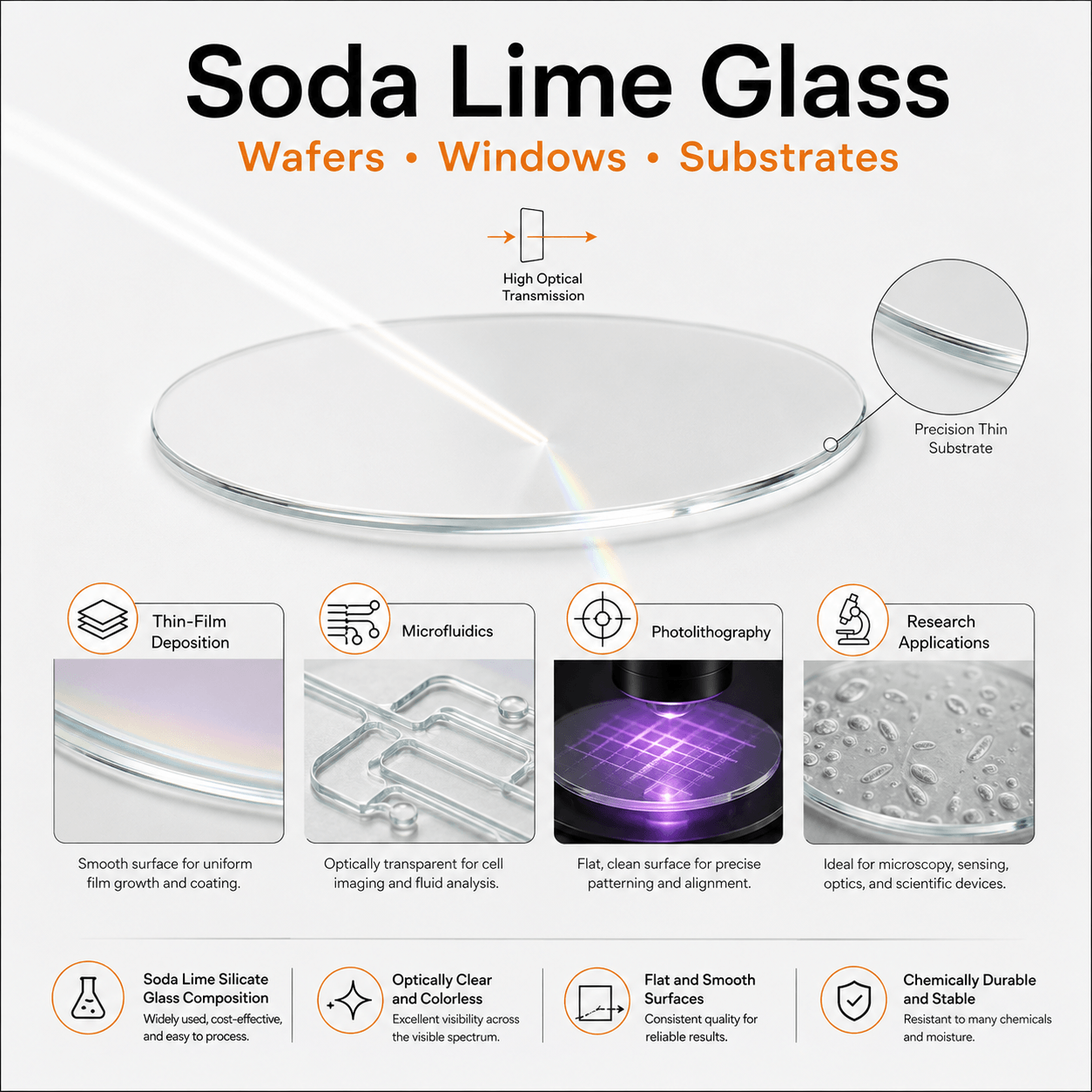 Soda lime glass wafer and optical window infographic showing a thin transparent glass substrate for optics, microfluidics and thin-film research