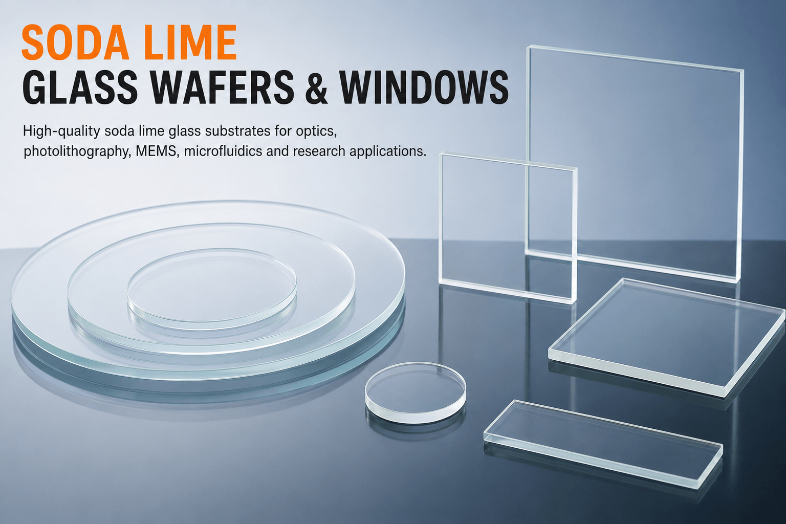 Soda lime glass wafers and optical windows for photolithography, MEMS, optics, and research