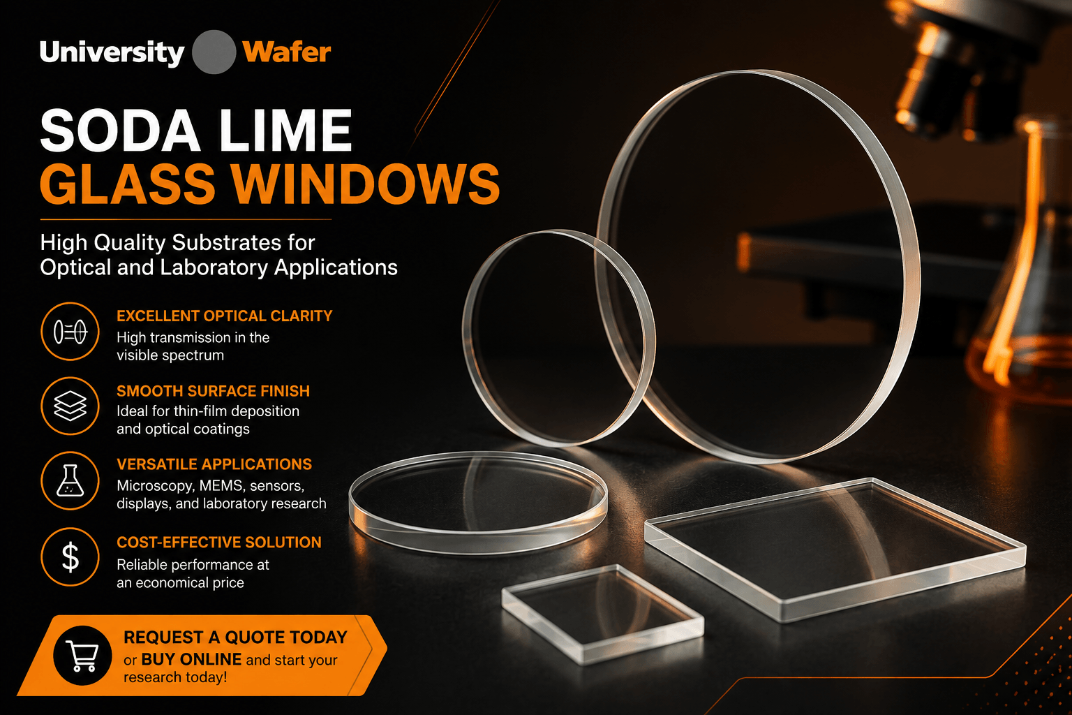 Soda lime glass windows for optical coatings, microscopy, thin-film deposition, and semiconductor research
