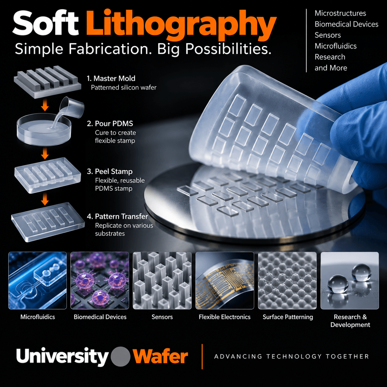 Soft lithography process and applications including microfluidics, biomedical devices, sensors, flexible electronics, and surface patterning