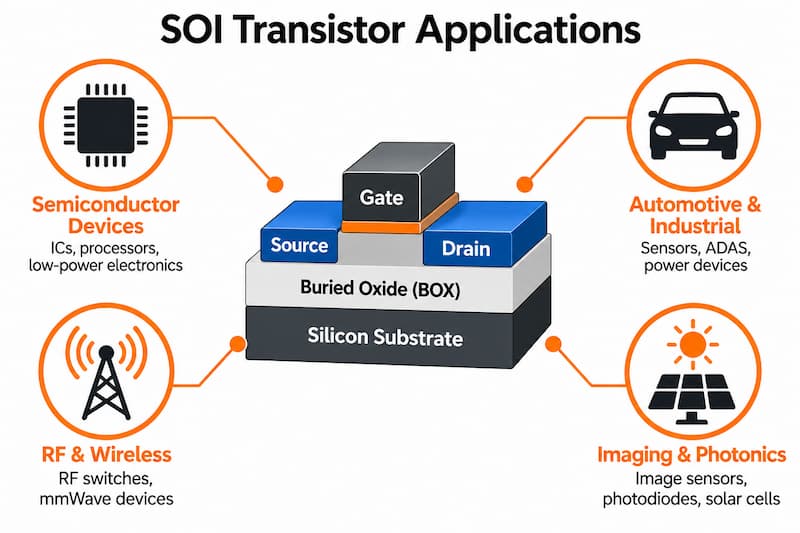 SOI transistor substrate applications including semiconductor devices, automotive electronics, RF wireless systems, and photonics