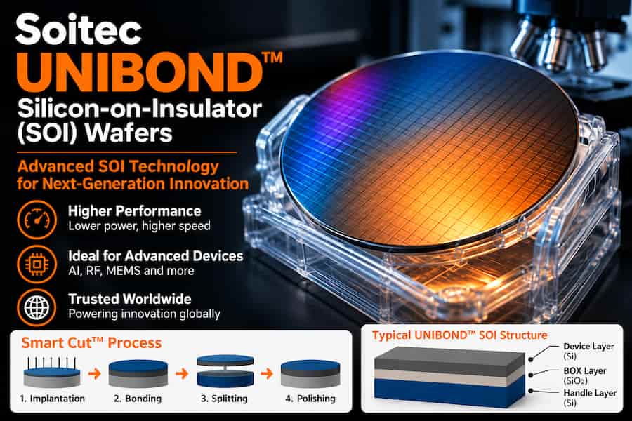 Soitec UNIBOND SOI wafer infographic showing Smart Cut process, device layer, buried oxide layer, and handle layer
