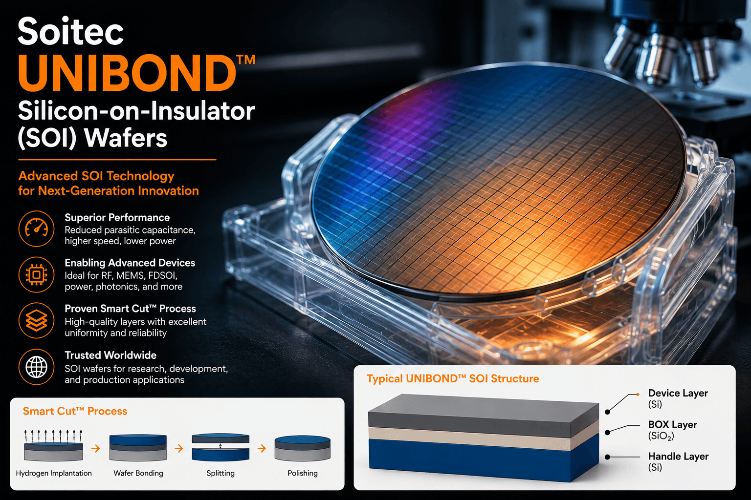 Soitec UNIBOND silicon-on-insulator wafer infographic showing Smart Cut process, SOI structure, device layer, BOX layer, and handle layer