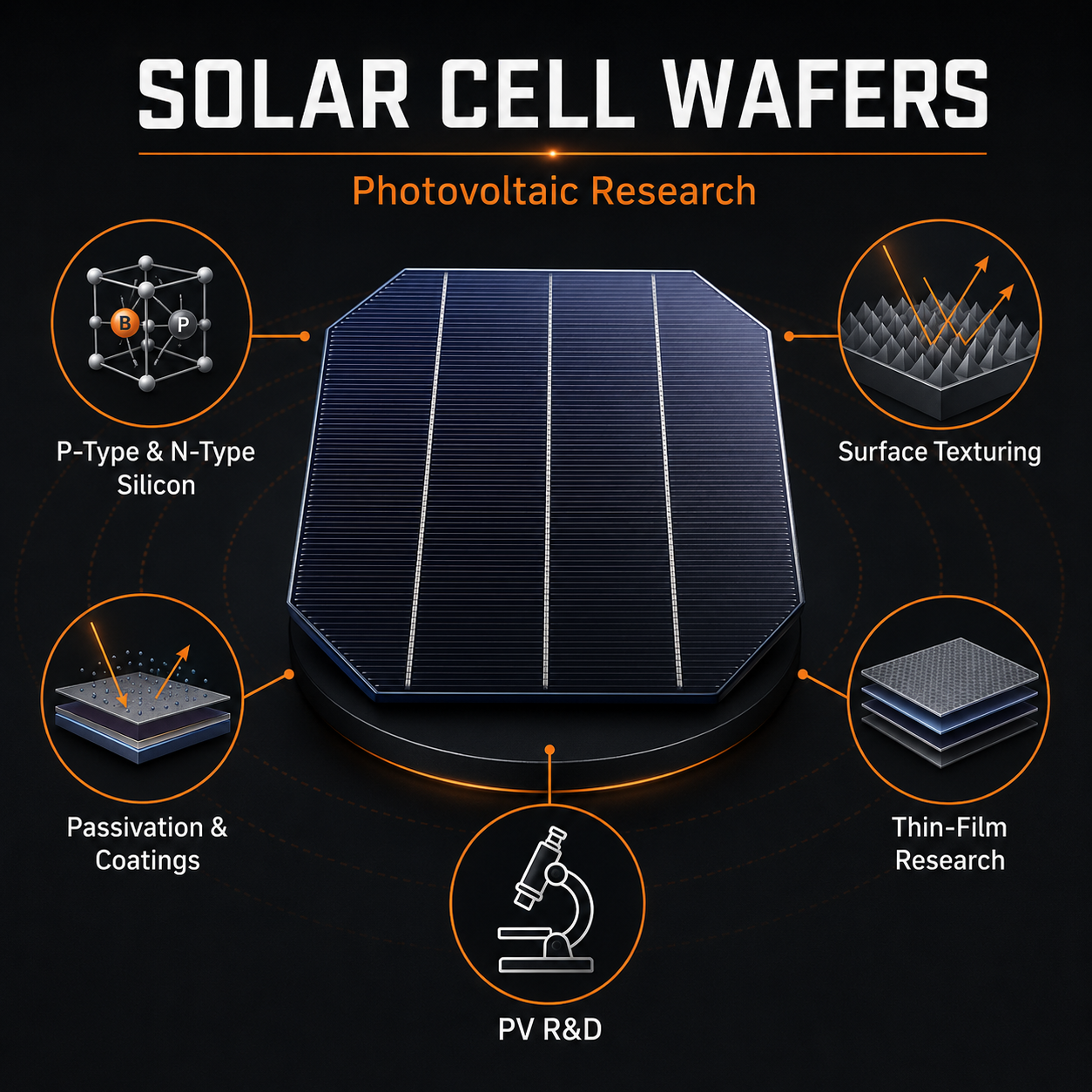 Solar cell wafer infographic showing silicon photovoltaic research, p-type and n-type wafers, surface texturing, passivation and coatings
