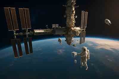 International Space Station with cosmonauts performing a spacewalk and handling a semiconductor experiment module above Earth’s curve.