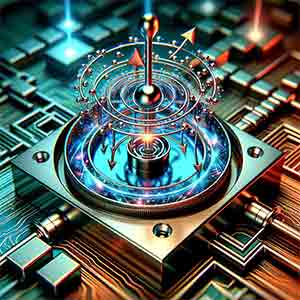 Intricate electronic circuits and the focus on electron spins, integrated into a high-tech, nano-scale device, reflecting the advanced and vibrant nature of spintronics.