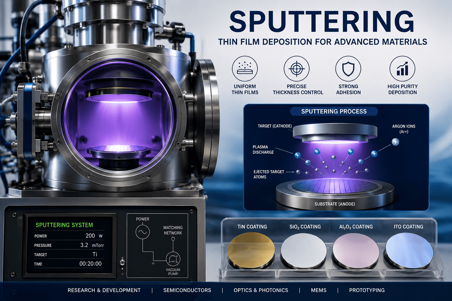 Sputtering thin-film deposition process showing a vacuum chamber, plasma, target material, and coated substrate