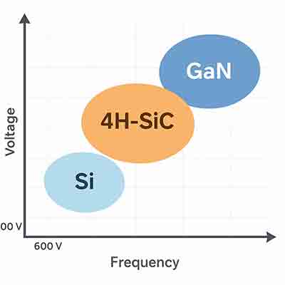 Comparison of Silicon, GaN, and 4H-SiC for Power Electronics – Voltage vs Frequency" Silicon, GaN, and 4H-SiC in power electronics by voltage and frequency range.