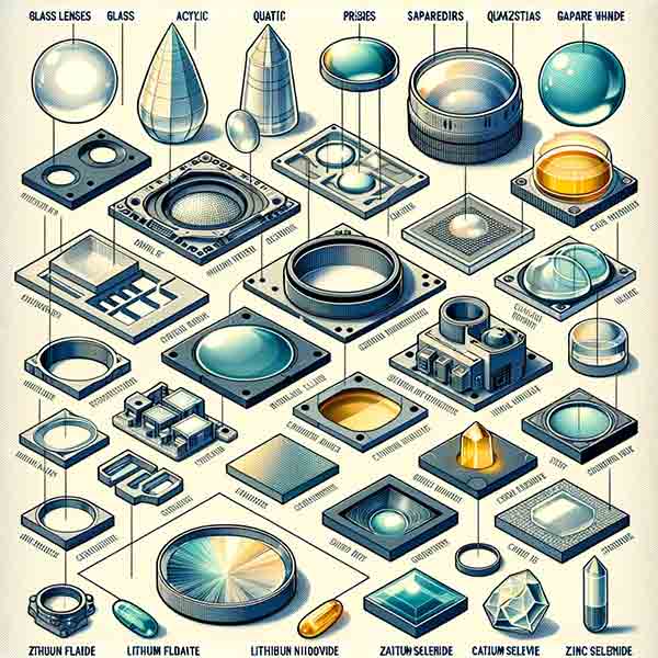 ducational illustration showcasing various substrates used in the fabrication of optical devices. Each substrate is clearly labeled, providing a visual reference for glass lenses, acrylic prisms, silicon wafers, quartz crystals, sapphire windows, germanium infrared lenses, calcium fluoride elements, zinc selenide components, and crystal substrates like lithium niobate and gallium arsenide. This layout is designed to be informative and suitable for educational purposes.