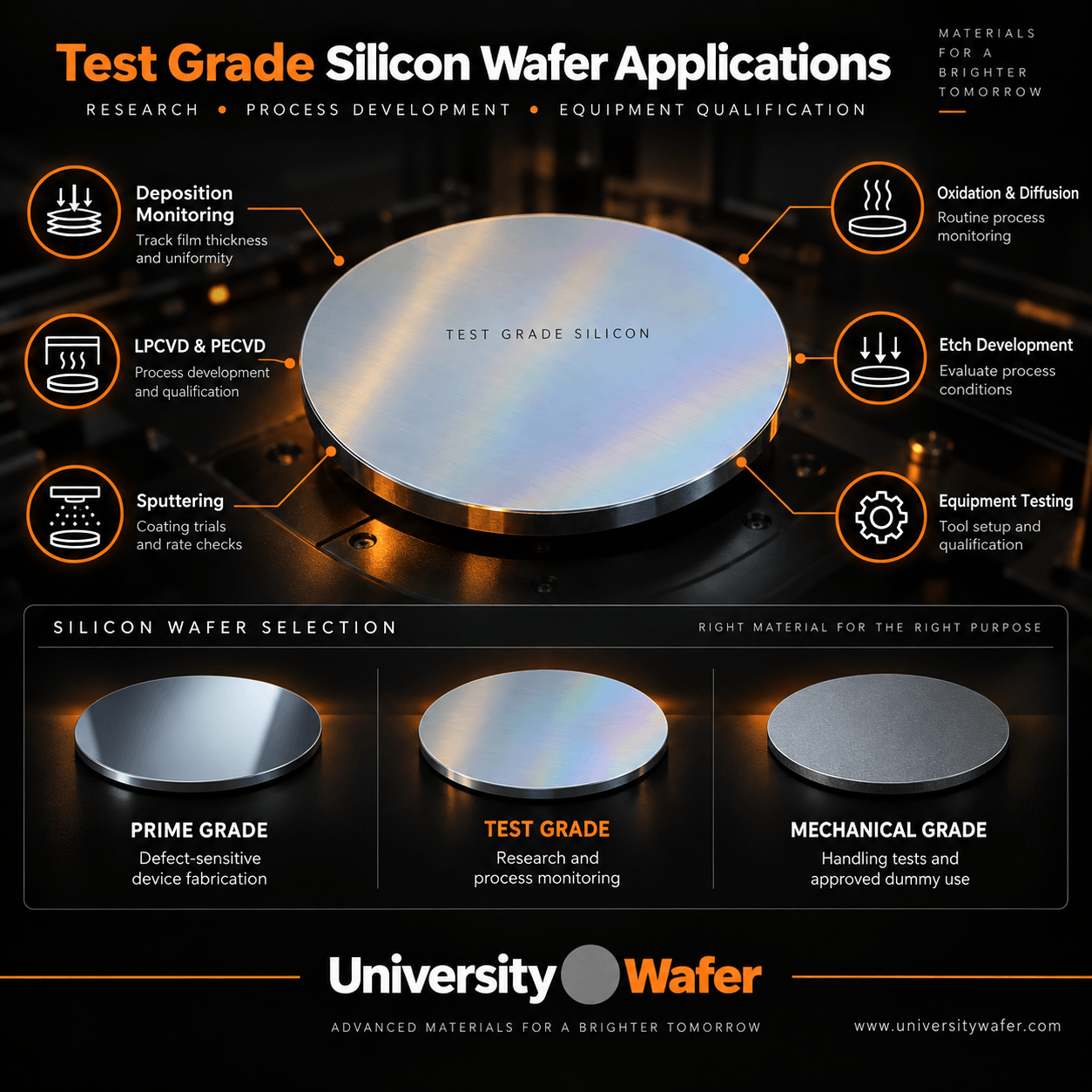 Test grade silicon wafer applications including deposition monitoring, LPCVD, PECVD, sputtering, oxidation, diffusion, etch development, and equipment testing