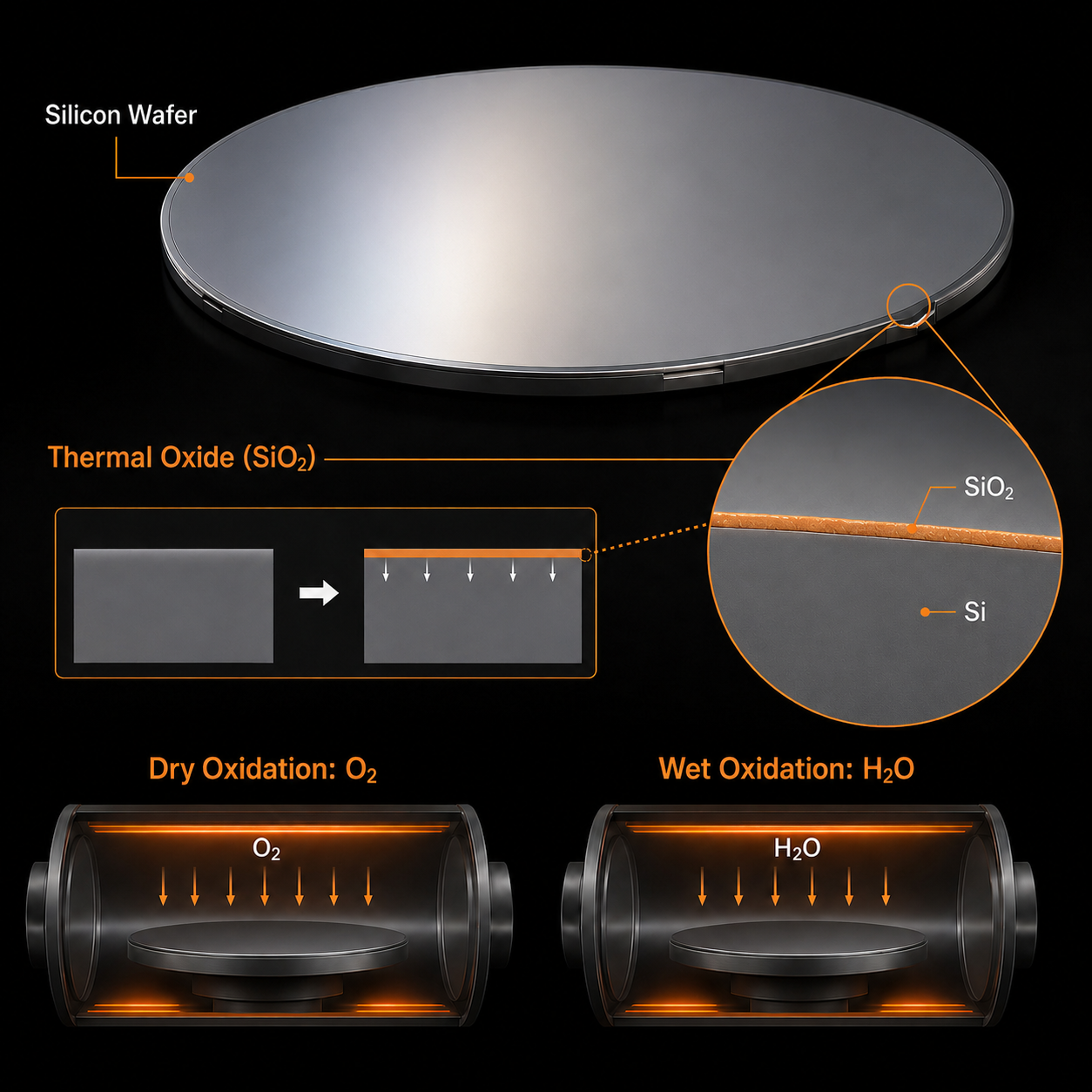 Thermal oxide silicon wafer infographic showing SiO2 layer, dry O2 oxidation, and wet H2O oxidation