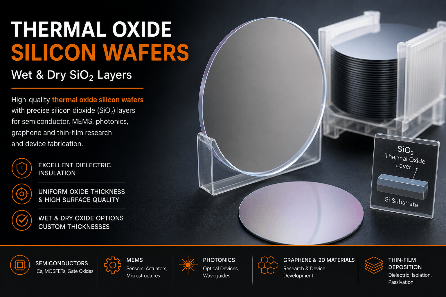 Thermal oxide silicon wafers with wet and dry silicon dioxide (SiO2) layers for MEMS, semiconductor, photonics and thin-film deposition