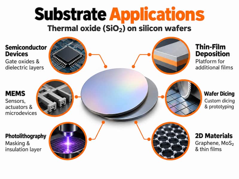 Thermal oxide silicon wafer applications including semiconductor devices, MEMS, photolithography, thin-film deposition, wafer dicing, and 2D materials research