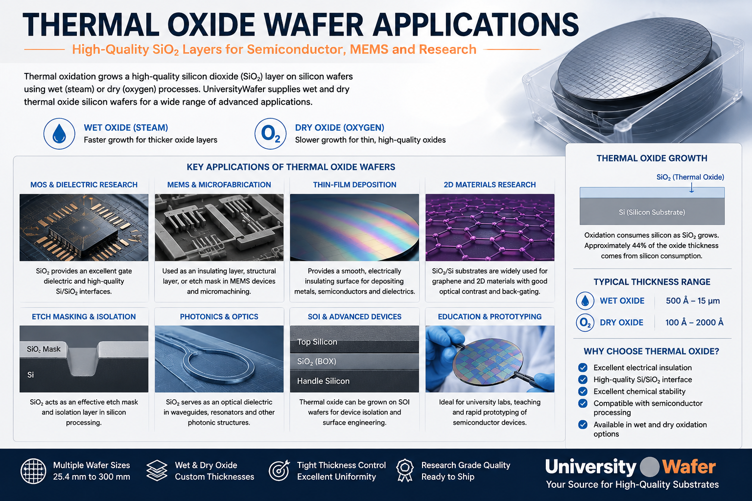 Thermal oxide wafer applications including MOS dielectric research, MEMS, thin-film deposition, 2D materials, etch masking, photonics, SOI devices, and semiconductor prototyping