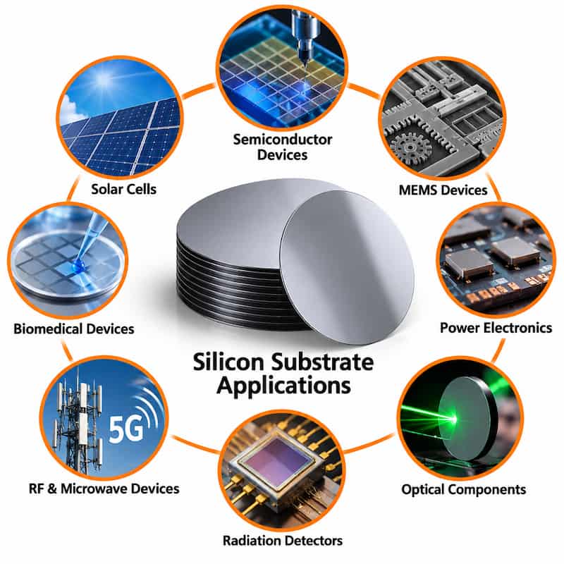 Thick silicon wafer applications including semiconductor devices, MEMS, power electronics, optical components, radiation detectors, RF and microwave devices, solar cells, and biomedical devices