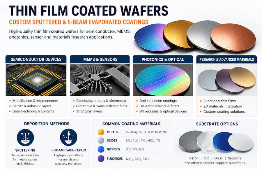 Thin film coated wafer applications including semiconductor devices, MEMS, sensors, photonics, electrochemistry, dielectric films, and advanced materials using sputtering and e-beam evaporation