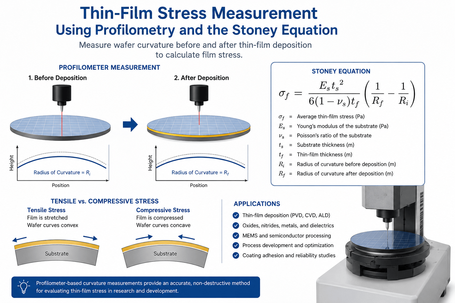 Thin-film stress measurement using profilometry and the Stoney equation showing wafer curvature before and after deposition