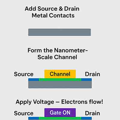 Animated Construction and Operation of a Nanotransistor for Nanochips construction and operation of a nanotransistor: metal contacts, nanometer-scale channel, and gate activation allowing electron flow