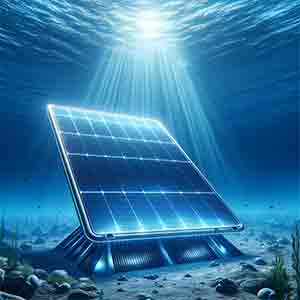 Here is the image depicting a futuristic underwater solar cell, designed for use underwater, surrounded by a vibrant marine ecosystem.