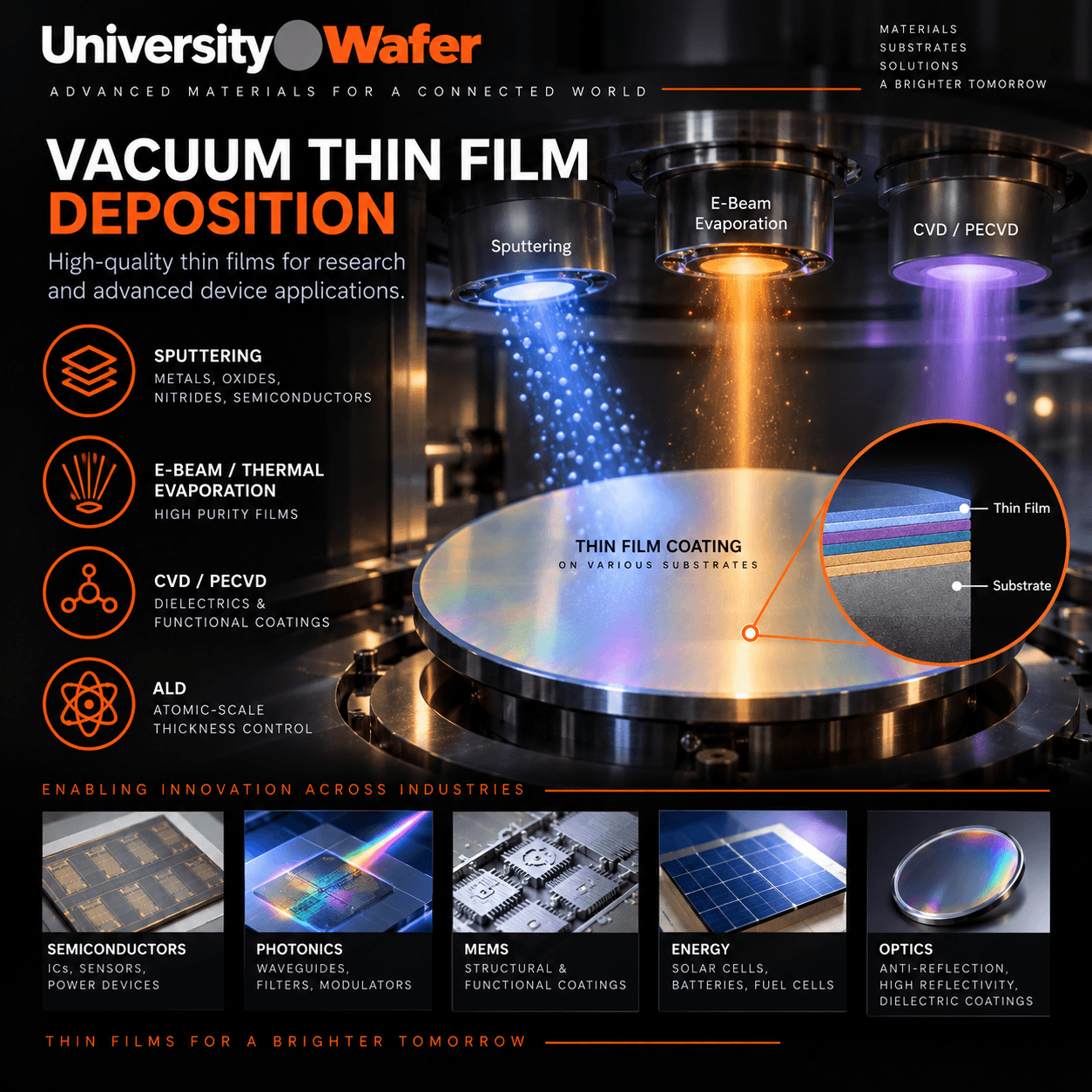 Vacuum thin film deposition substrate applications including sputtering, e-beam evaporation, CVD, PECVD and ALD for semiconductor, photonics, MEMS, energy and optical devices