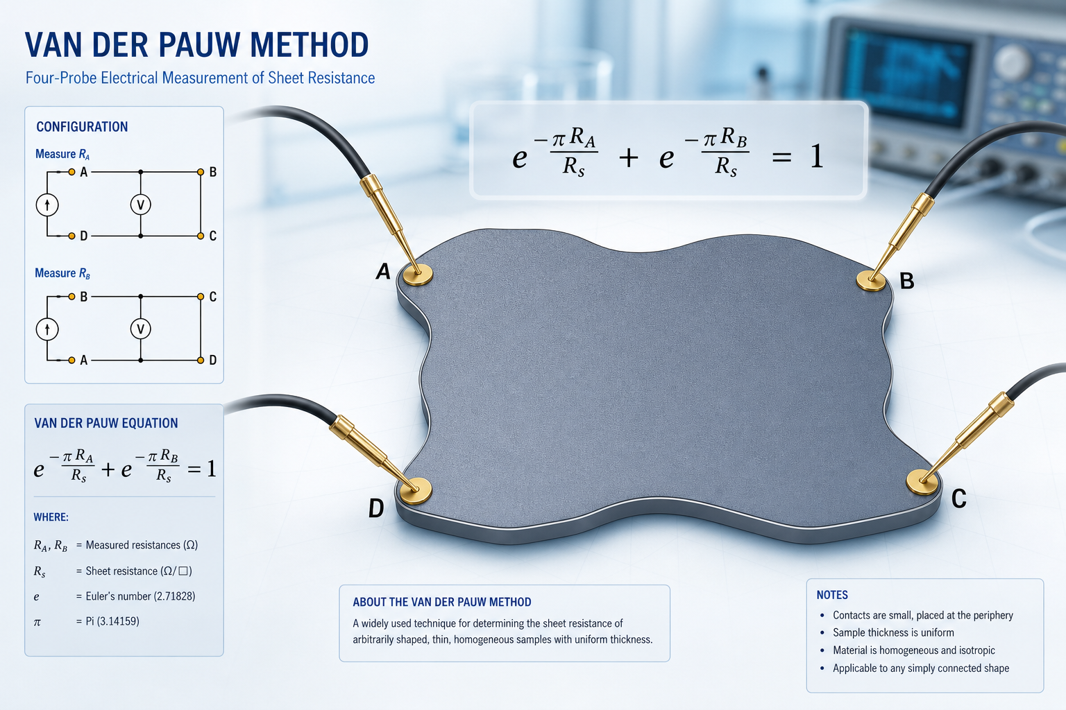Van der Pauw electrical measurement method schematic for semiconductor wafer sheet resistance testing