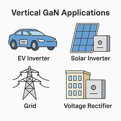 Applications of Vertical GaN such as EV inverters, solar power, and grid converters