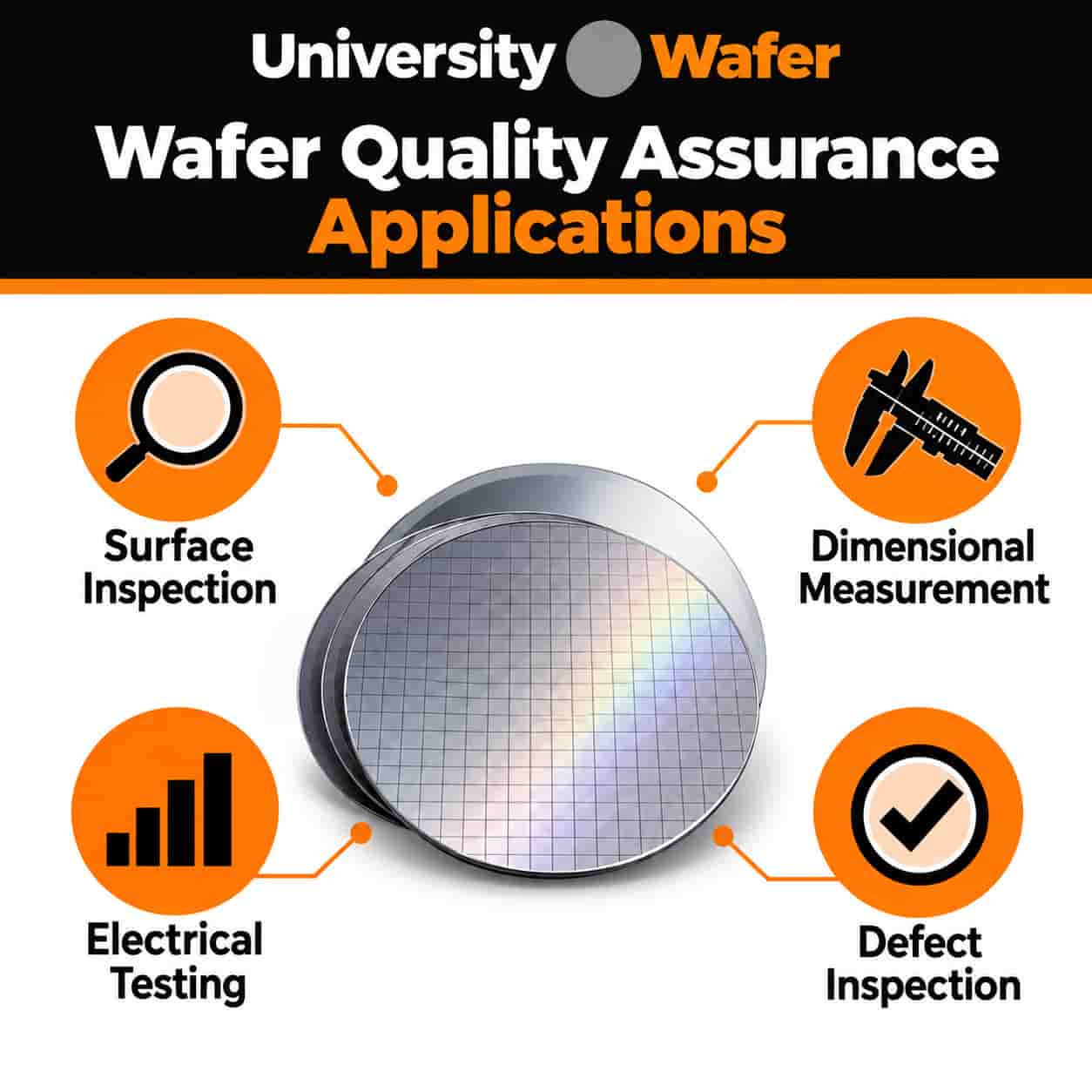 Wafer quality assurance applications including surface inspection, dimensional measurement, electrical testing, and defect inspection of semiconductor wafers