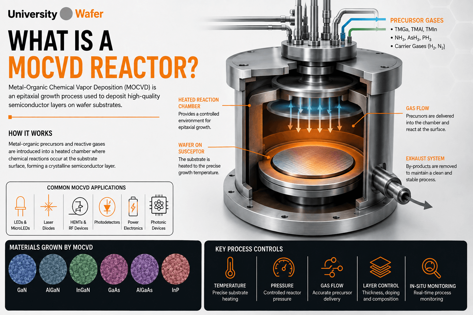 MOCVD reactor infographic showing precursor gas flow, heated reaction chamber, wafer susceptor, exhaust system and semiconductor epitaxial growth