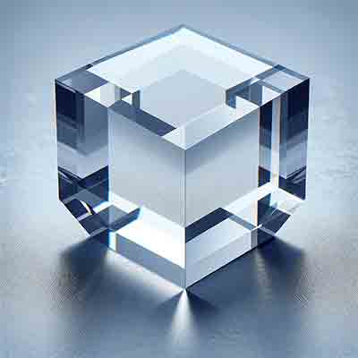 his illustration depicts the highly precise and smooth, transparent crystalline material with its distinctive hexagonal shape and flat surfaces, showcasing its geometric precision and the specific Z-cut orientation. The setting is a laboratory or scientific environment, highlighting the quartz's purity and clarity.