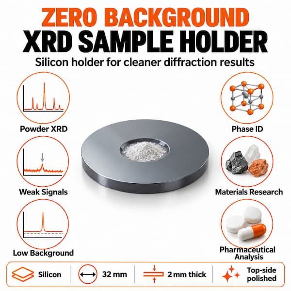 Zero background XRD silicon sample holder applications including powder X-ray diffraction, phase identification, weak signal detection, materials research, and pharmaceutical analysis