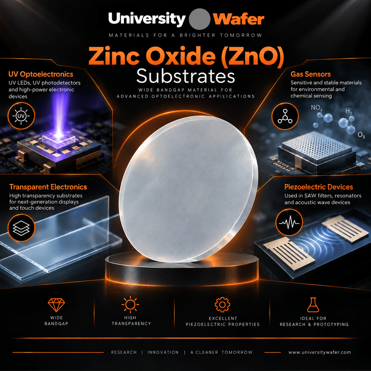 Zinc Oxide ZnO substrate applications including UV optoelectronics, transparent electronics, gas sensors, and piezoelectric devices
