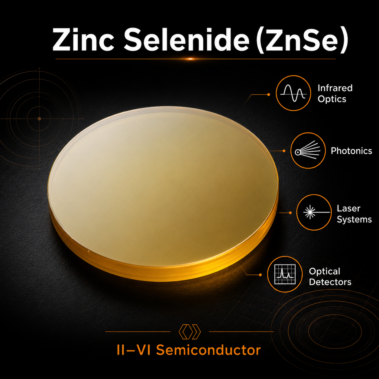 Zinc Selenide ZnSe wafer infographic showing infrared optics, photonics, laser and detector research applications